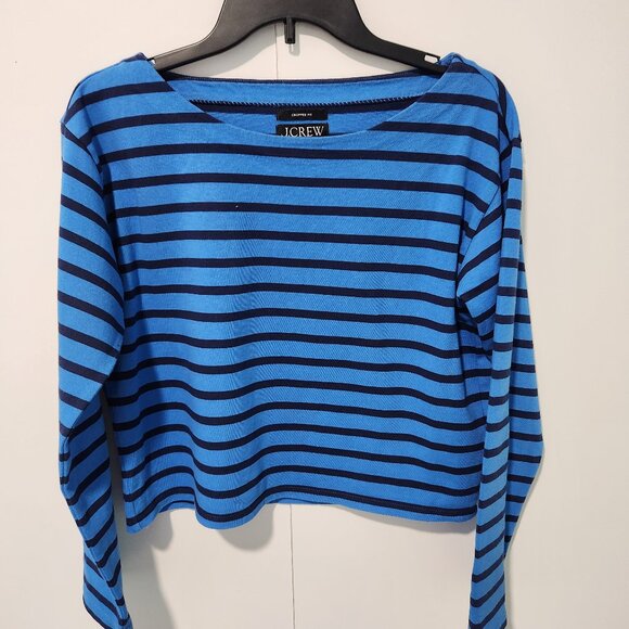 J. Crew Tops - J. Crew Women's Classic Long Sleeve Boat Neck Striped Blue Cropped Top- XS